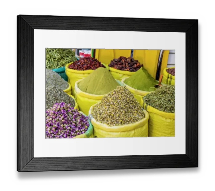 Framed Print : Spices and dry goods in the shops along narrow cobblestone streets of Kasbah in Bab Al Fahs, Old Medina, Tangier, Morocco, Africa