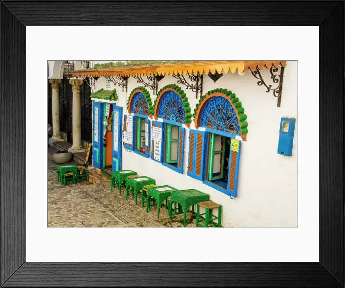 Framed Print : Outdoor cafe along a narrow street in the Bab Haha district of Kasbah, Old Medina, Tangier, Morocco, Africa. (Editorial Use Only)
