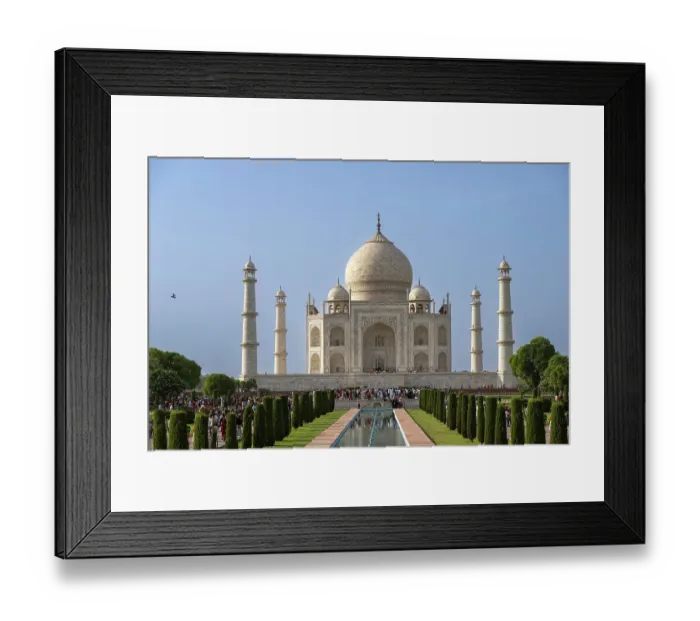 Framed Print : India, Uttar Pradesh, Agra. Taj Mahal, tomb of Shah Jahan's wife, full view with water path and reflection, minarets and majestic Framed Print : India, Uttar Pradesh, Agra. Taj Mahal, tomb of Shah Jahan's wife, full view with water path and reflection, minarets and majestic
