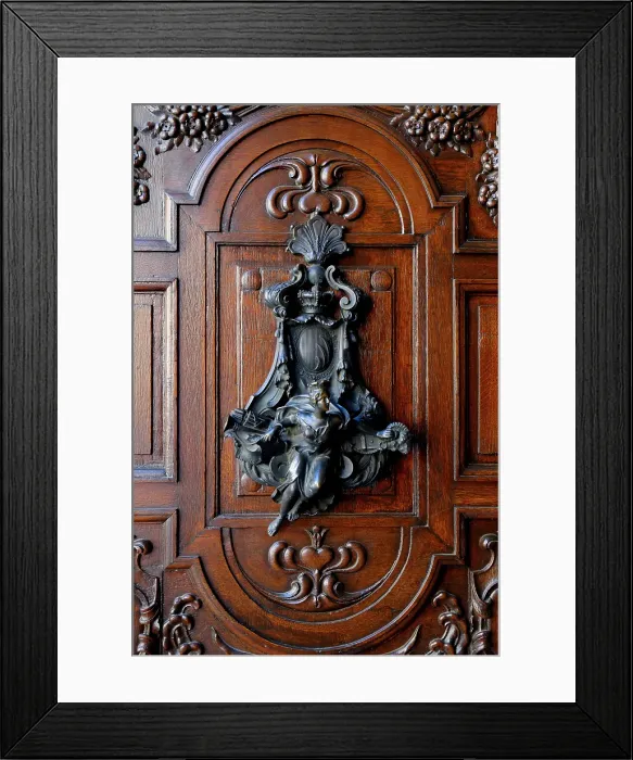 Framed Print : Vienna, Austria. Old beautiful wooden carved door from the 1800's