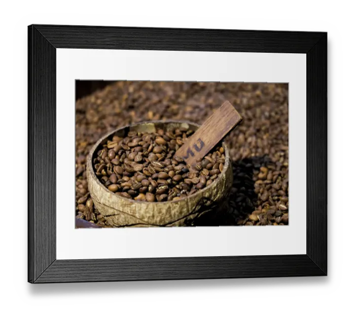 Framed Print : Brussels, Belgium. Roasted coffee beans for sale in bin at coffee shop