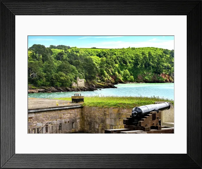 Framed Print : Colorful cannon Dartmouth Castle, Kingswear, Devon, England. Castle originally built 1300's to protect harbor and River Dart