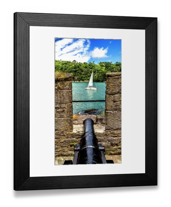 Framed Print : Colorful cannon Dartmouth Castle, Devon, England. Castle originally built 1300's to protect harbor and River Dart