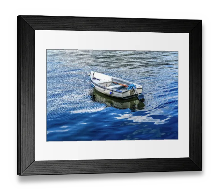 Framed Print : White rowboat in harbor, Dartmouth, Devon, England Framed Print : White rowboat in harbor, Dartmouth, Devon, England
