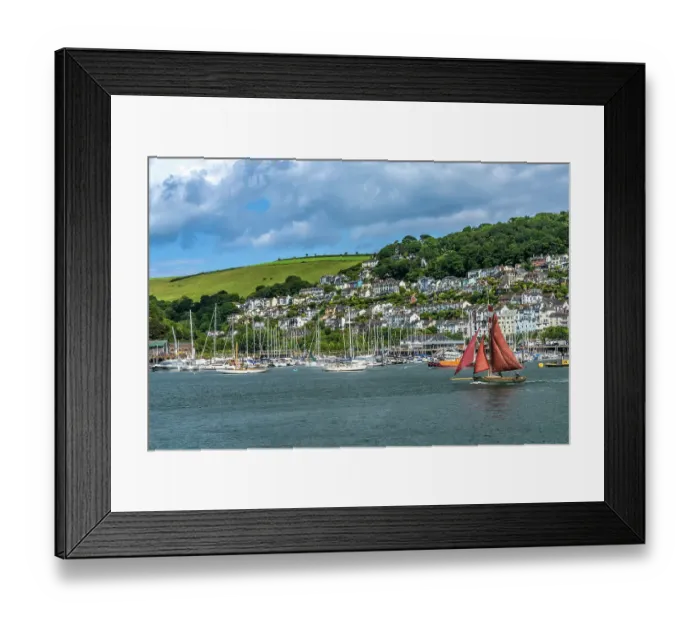 Framed Print : Red sailboat sailing, Dartmouth, Kingswear, Devon, England