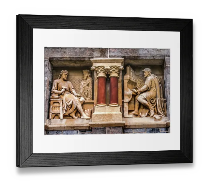 Framed Print : Organist statues on facade of Guildhall Building, Plymouth, Devon, England. Destroyed by bombs during war. Restored 1959 Framed Print : Organist statues on facade of Guildhall Building, Plymouth, Devon, England. Destroyed by bombs during war. Restored 1959