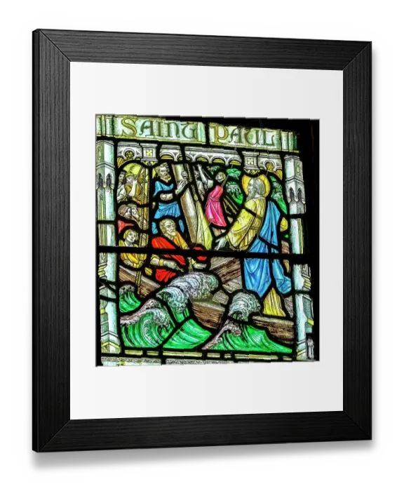 Framed Print : Colorful St. Paul stained glass, St. Petroc Church, Dartmouth, Devon, England. St. Paul was in several storms on ships. Originally founded in 1192. (Editorial Use Only) Framed Print : Colorful St. Paul stained glass, St. Petroc Church, Dartmouth, Devon, England. St. Paul was in several storms on ships. Originally founded in 1192. (Editorial Use Only)