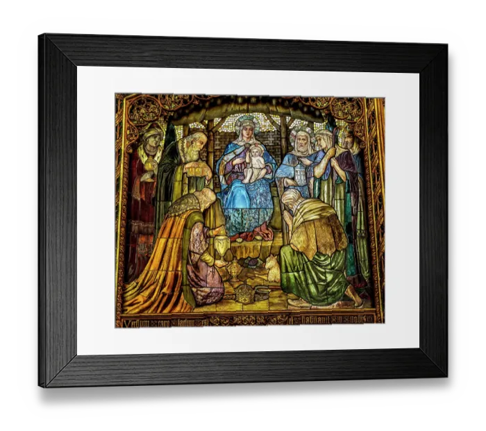 Framed Print : Colorful Three Kings Nativity Screen St. Saviour's Church, Dartmouth, Devon, England. Originally founded in 1372. (Editorial Use Only)