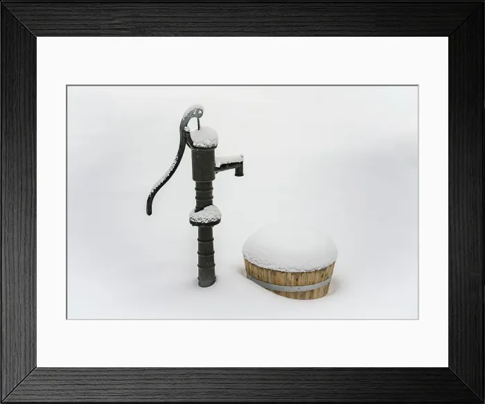 Framed Print : Water pump and barrel in snow, Green Valley Lake, California, USA