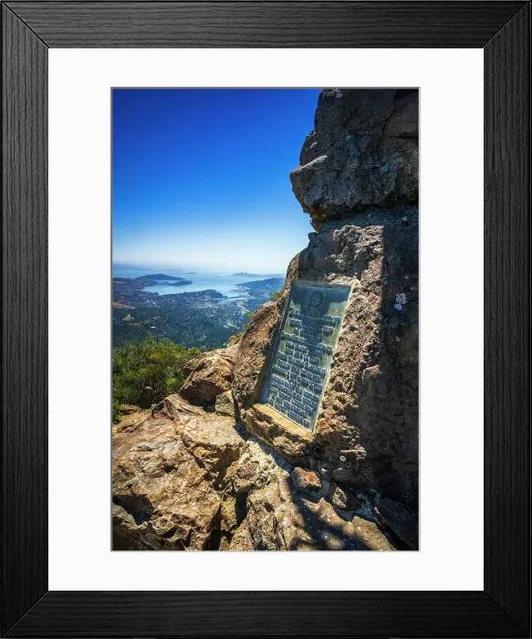 Framed Print : Mount Tam summit plaque and San Francisco Bay, Mount Tamalpais State Park, California, USA