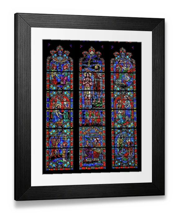 Framed Print : Bible stories stained glass, Washington National Cathedral, Washington DC. Construction started 1907. (Editorial Use Only)