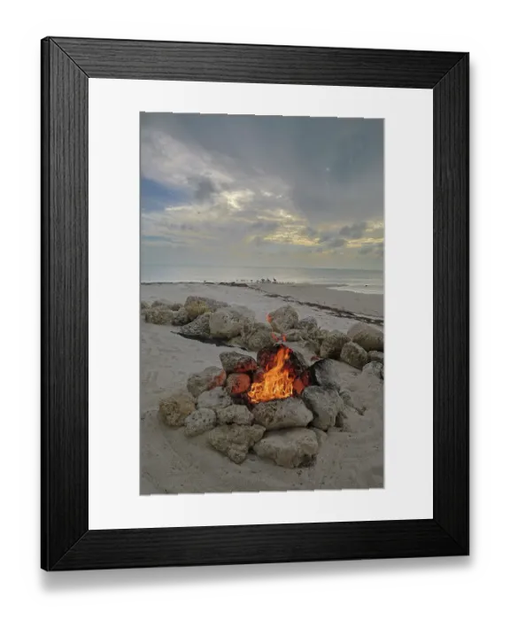 Framed Print : USA, Florida. Campfire on the beach