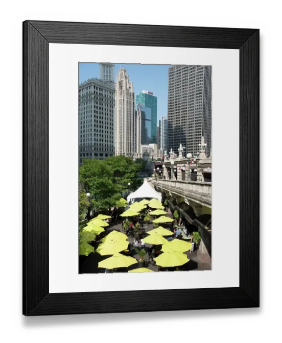 Framed Print : Yellow umbrellas at cafe at Riverwalk along the Chicago River in downtown Chicago