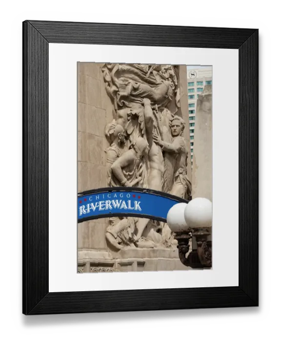Framed Print : Riverwalk signage along the Chicago River in downtown Chicago with Michigan Avenue bas-relief Framed Print : Riverwalk signage along the Chicago River in downtown Chicago with Michigan Avenue bas-relief