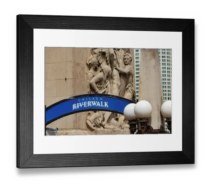 Framed Print : Riverwalk signage along the Chicago River in downtown Chicago with Michigan Avenue bas-relief Framed Print : Riverwalk signage along the Chicago River in downtown Chicago with Michigan Avenue bas-relief