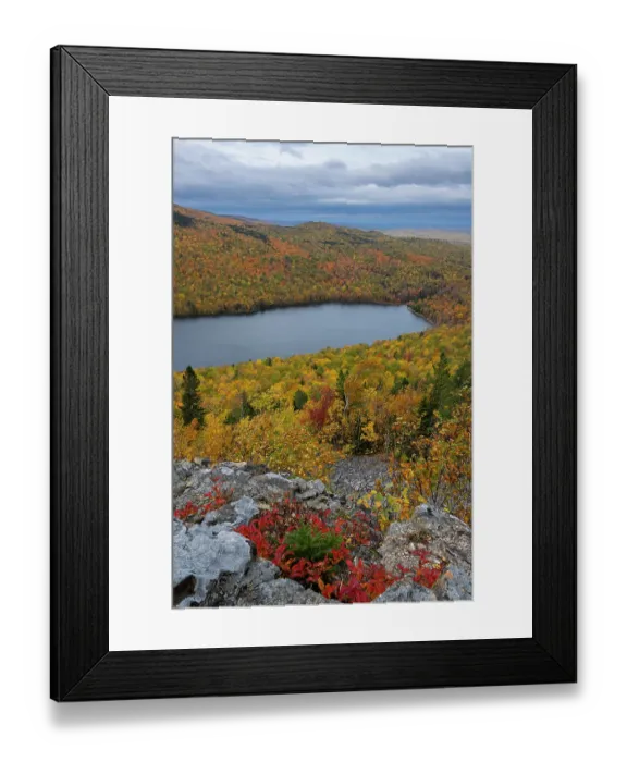 Framed Print : USA, Maine. Lowbush blueberry, fall foliage and view of South Branch Pond from Traveler Mountain, Baxter State Park Framed Print : USA, Maine. Lowbush blueberry, fall foliage and view of South Branch Pond from Traveler Mountain, Baxter State Park