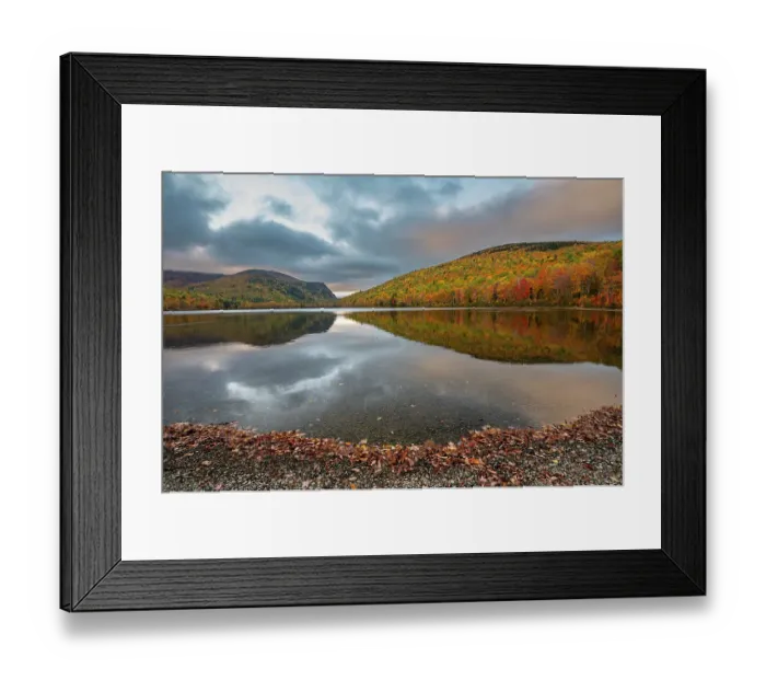 Framed Print : USA, Maine. Fall foliage and view of curved lake shore, Baxter State Park