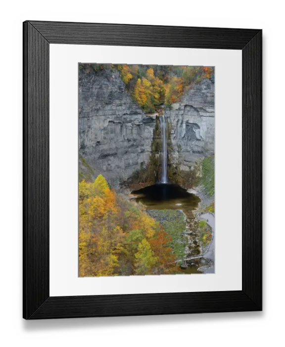 Framed Print : USA, New York. Creek, fall foliage and Taughannock Falls at State Park Framed Print : USA, New York. Creek, fall foliage and Taughannock Falls at State Park