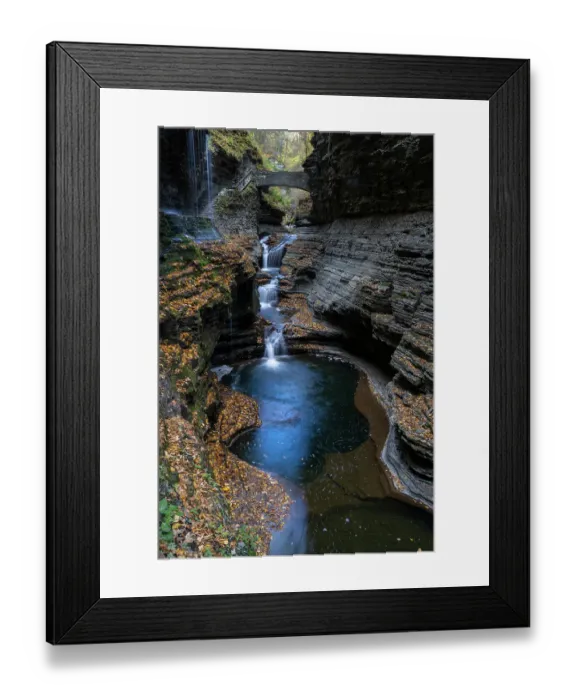 Framed Print : USA, New York. Series of waterfalls and bridge in Watkins Glen State Park