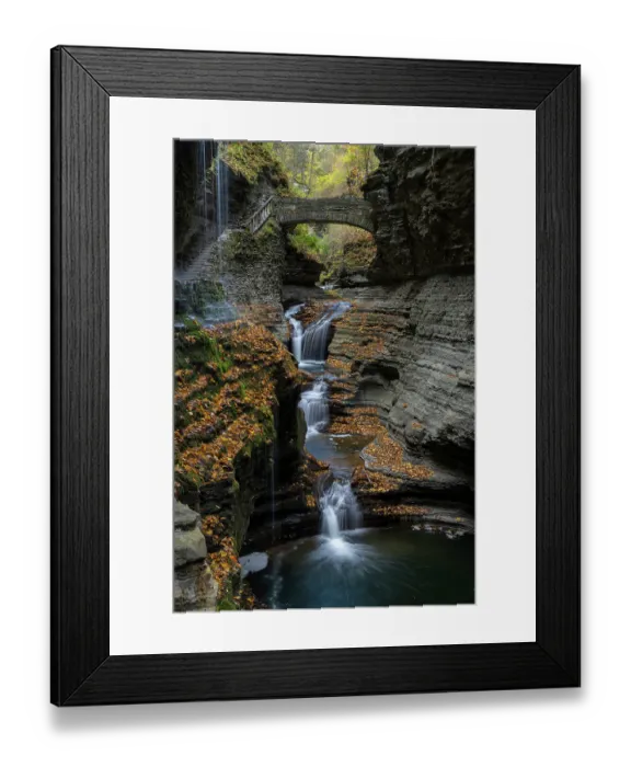 Framed Print : USA, New York. Series of waterfalls and bridge in Watkins Glen State Park