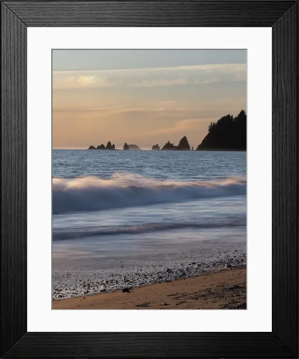 Framed Print : Rialto Beach, Olympic Peninsula, Washington State. Surf and sand at sunset Framed Print : Rialto Beach, Olympic Peninsula, Washington State. Surf and sand at sunset