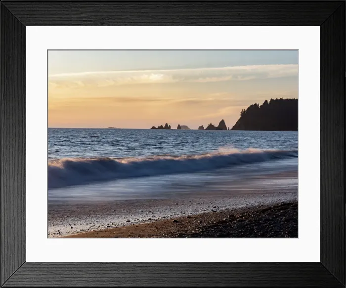 Framed Print : Rialto Beach, Olympic Peninsula, Washington State. Surf and sand at sunset Framed Print : Rialto Beach, Olympic Peninsula, Washington State. Surf and sand at sunset