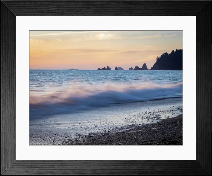 Framed Print : Rialto Beach, Olympic Peninsula, Washington State. Surf and sand at sunset Framed Print : Rialto Beach, Olympic Peninsula, Washington State. Surf and sand at sunset