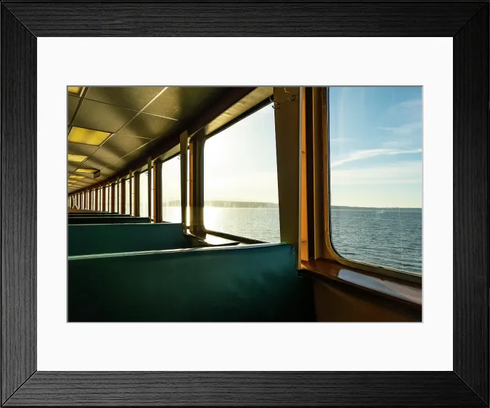 Framed Print : Row of seats and window view of Puget Sound on the Spokane ferry, Seattle, Washington State, USA