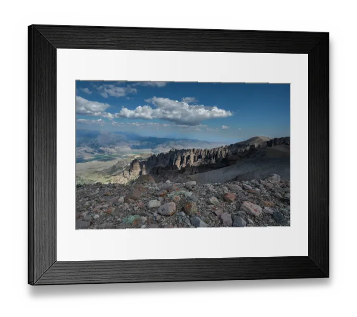 Framed Print : USA, Wyoming. Lichen colored rocks and pinnacle like cliffs in Absaroka Mountains