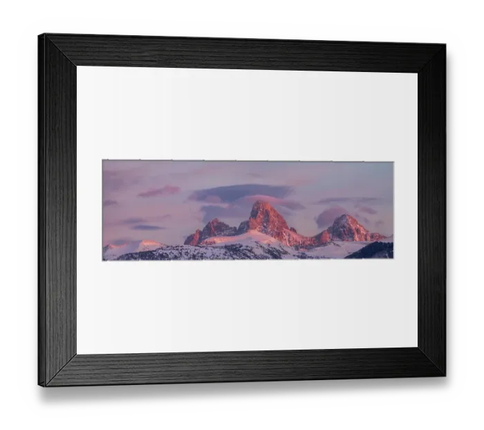 Framed Print : USA, Wyoming. Panoramic landscape of alpenglow over Teton Range from the west with cirrus cloud Framed Print : USA, Wyoming. Panoramic landscape of alpenglow over Teton Range from the west with cirrus cloud