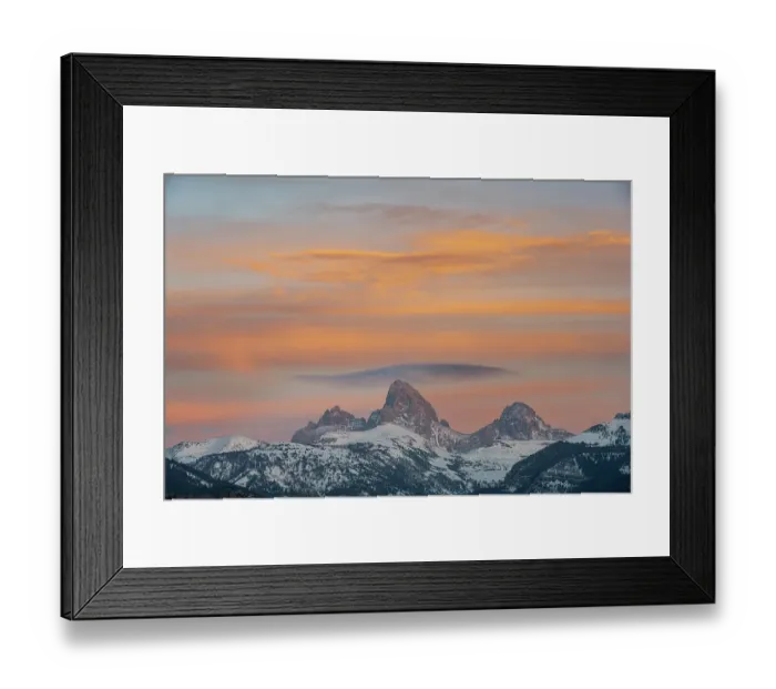 Framed Print : USA, Wyoming. Sunset over Teton Range from the west with cirrus and lenticular clouds Framed Print : USA, Wyoming. Sunset over Teton Range from the west with cirrus and lenticular clouds