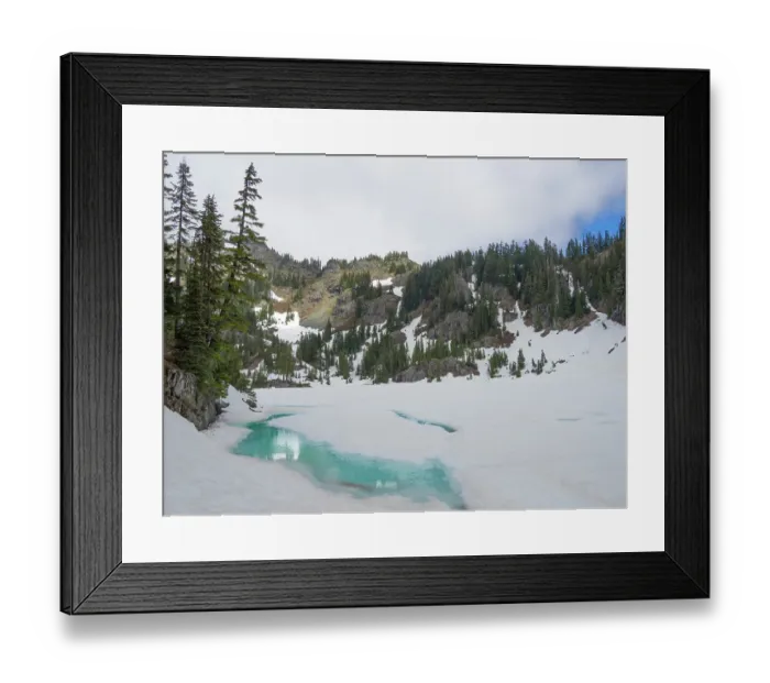 Framed Print : Washington State, USA. Central Cascades, Mount Baker Snoqualmie National Forest, Lake Lilliam, partially melted out from winter snow Framed Print : Washington State, USA. Central Cascades, Mount Baker Snoqualmie National Forest, Lake Lilliam, partially melted out from winter snow