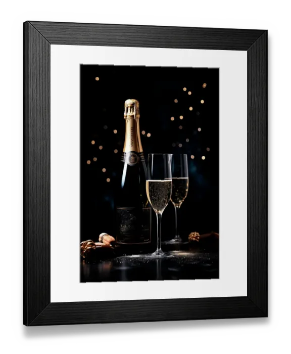 Framed Print : Champagne glasses and bottle on table. (AI Generated) Framed Print : Champagne glasses and bottle on table. (AI Generated)