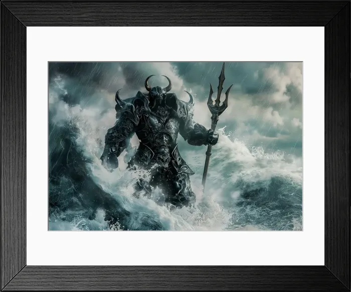 Framed Print : Armored alien warrior in ocean with triton. (AI Generated)