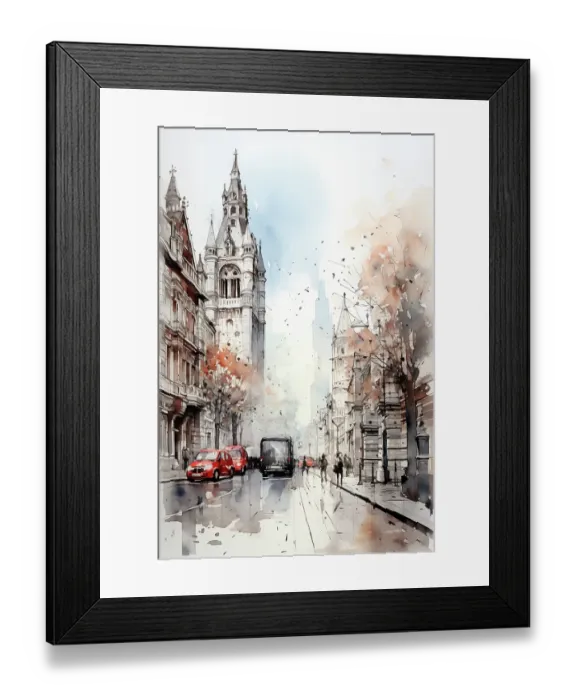 Framed Print : European city streetscape. Illustration-style. (AI Generated)
