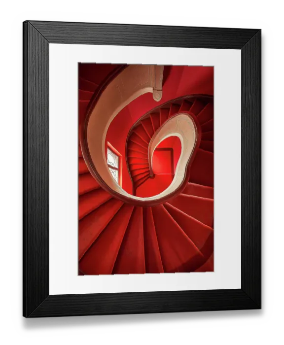 Framed Print : Curved stairway with window and carpet. (AI Generated)