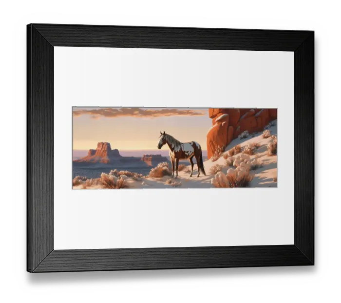 Framed Print : Horse and desert formations. Illustration-style. (AI Generated)