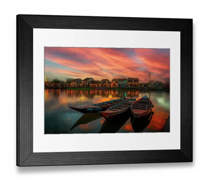 Framed Print : Moored boats in lake and village buildings. (AI Generated) Framed Print : Moored boats in lake and village buildings. (AI Generated)