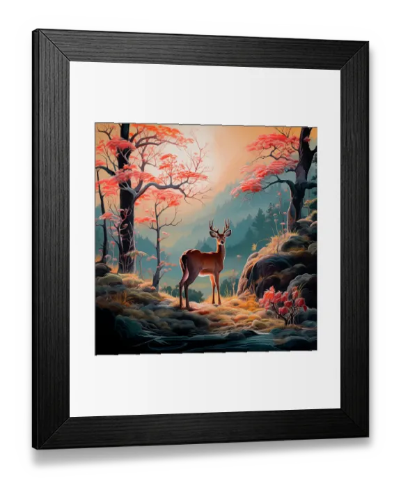 Framed Print : Male deer and spring scenic. Illustration-style. (AI Generated) Framed Print : Male deer and spring scenic. Illustration-style. (AI Generated)