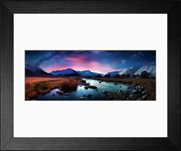 Framed Print : Mountain and lake landscape at sunrise. (AI Generated) Framed Print : Mountain and lake landscape at sunrise. (AI Generated)