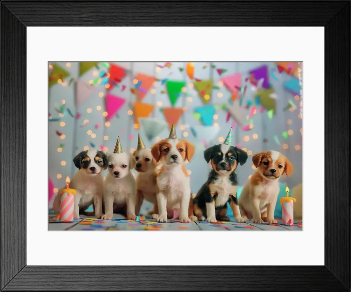 Framed Print : Puppies on table. (AI Generated) Framed Print : Puppies on table. (AI Generated)