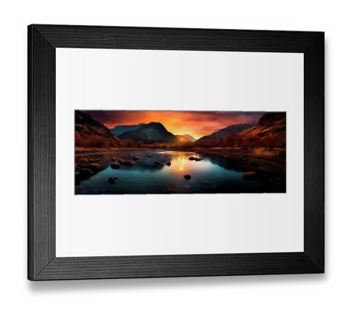 Framed Print : Mountain and lake landscape at sunrise. (AI Generated) Framed Print : Mountain and lake landscape at sunrise. (AI Generated)