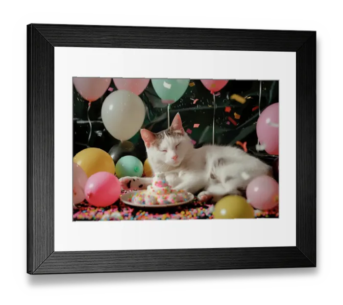 Framed Print : Drowsy cat and balloons. (AI Generated) Framed Print : Drowsy cat and balloons. (AI Generated)