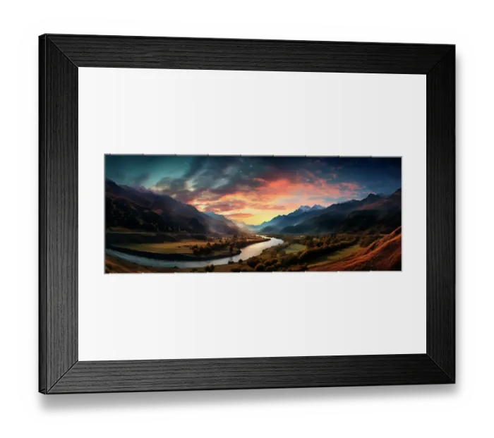 Framed Print : Mountain and river landscape at sunrise. (AI Generated) Framed Print : Mountain and river landscape at sunrise. (AI Generated)