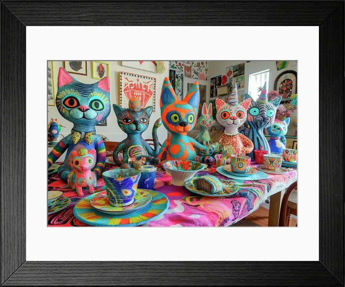 Framed Print : Colorful cat models and dishes on table. (AI Generated) Framed Print : Colorful cat models and dishes on table. (AI Generated)