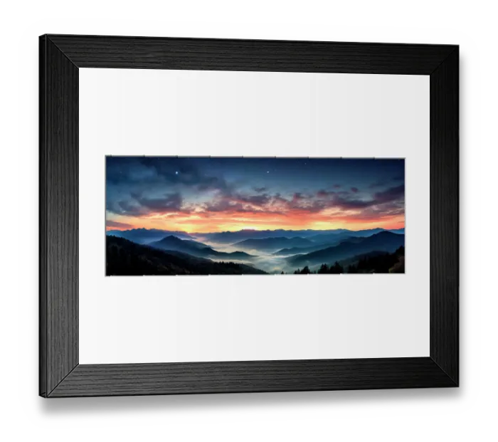 Framed Print : Mountain landscape at sunrise with fog. (AI Generated) Framed Print : Mountain landscape at sunrise with fog. (AI Generated)