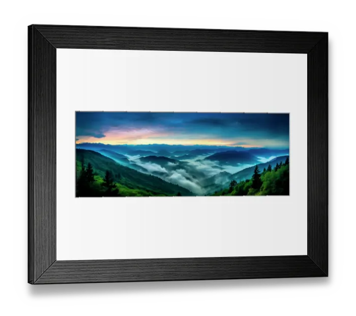 Framed Print : Mountain landscape at sunrise with low clouds. (AI Generated)