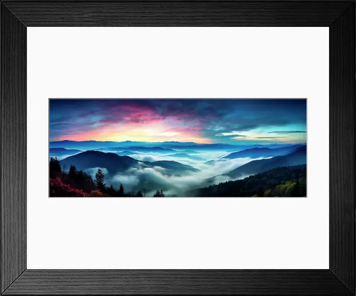 Framed Print : Mountain landscape at sunrise with low clouds. (AI Generated) Framed Print : Mountain landscape at sunrise with low clouds. (AI Generated)