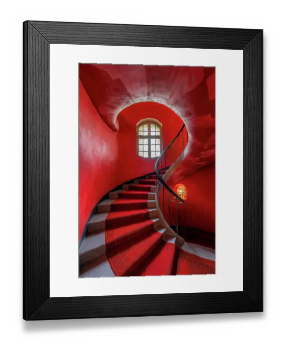 Framed Print : Curved stairway with window and carpet. (AI Generated)