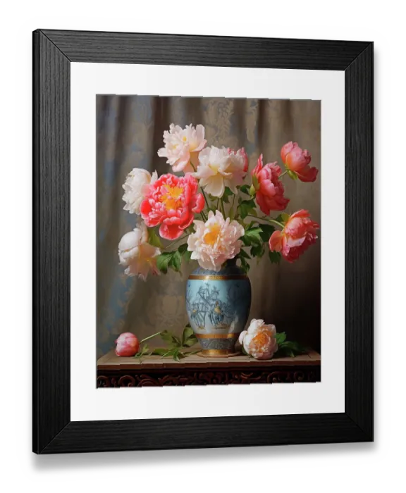 Framed Print : Peonies in porcelain vase. Painting style. AI Generated Framed Print : Peonies in porcelain vase. Painting style. AI Generated